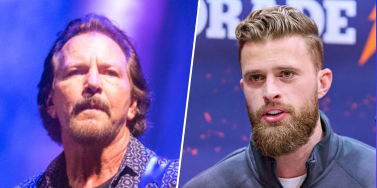 Pearl Jam frontman Eddie Vedder, left, responded to NFL star Harrison Butker's recent controversial commencement speech during a concert in Las Vegas.
