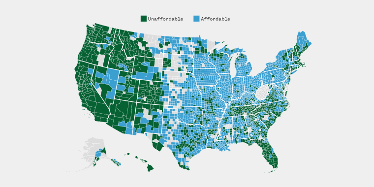 This map of the U.S. shows the counties where households with the counties’ median household incomes can afford the counties’ median-priced homes. From Colorado on west, such households in most counties can’t. In Tennessee, much of North Carolina and Florida, such households in many counties can’t.