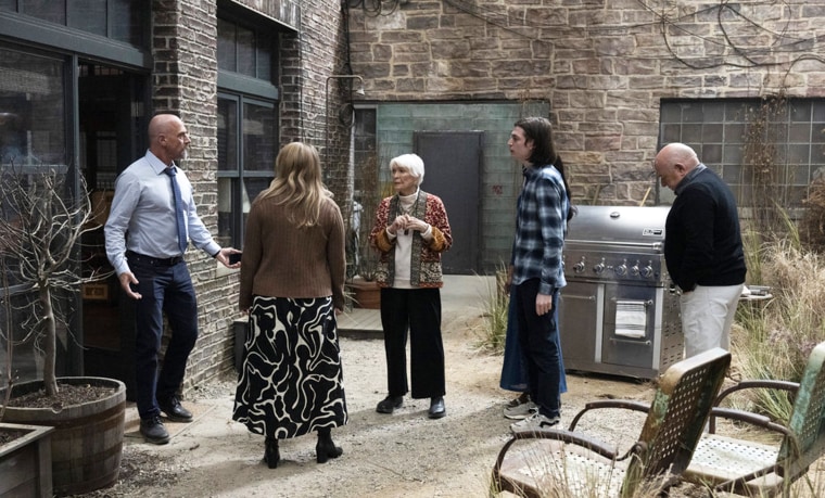 Christopher Meloni as Det. Elliot Stabler, Autumn Mirassou as Maureen Stabler, Ellen Burstyn as Bernadette Stabler, Nicky Torchia as Eli Stabler, and Dean Norris as Randall Stabler in "Law & Order: Organized Crime."