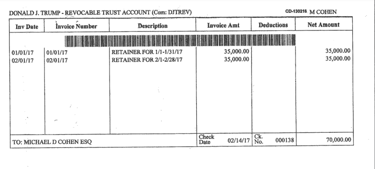 A copy of a check stub paid to Cohen that was admitted into evidence. 