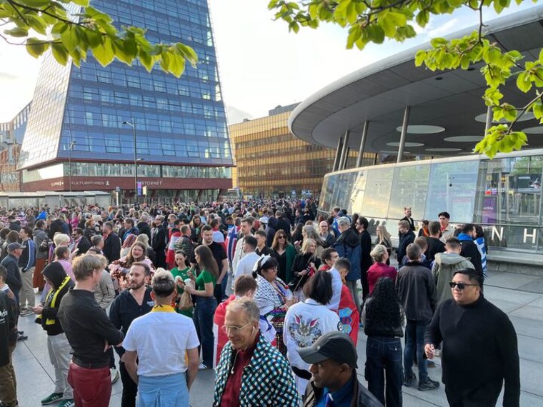 A packed crowd outside the Malmö Arena on Saturday, May 11, 2024, ahead of the Eurovision Grand Final.