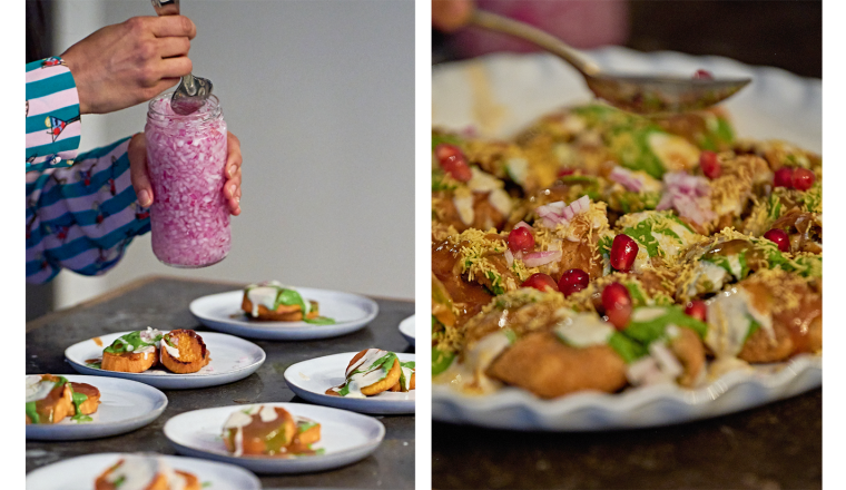 Images of food and prep from Chef Palak Patel's dinner party.
