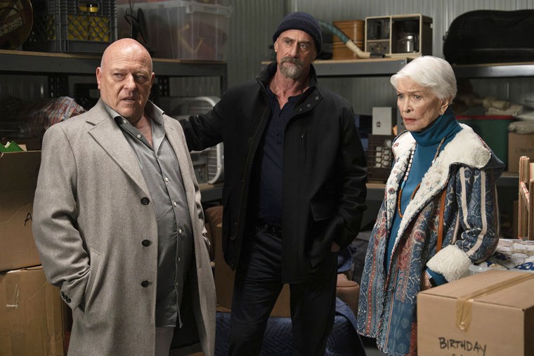 Dean Norris as Randall Stabler, Christopher Meloni as Det. Elliot Stabler, and Ellen Burstyn as Bernadette Stabler in "Law & Order: Organized Crime."