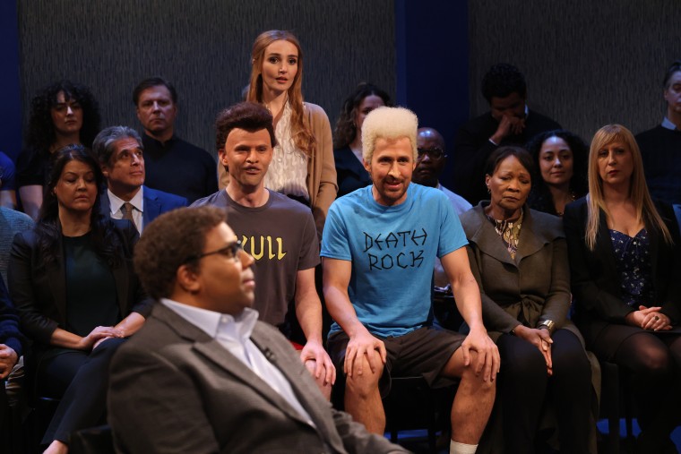 Kenan Thompson as Professor Norman Hemming, Mikey Day as Dean, Chloe Fineman as Patricia Faulkner, and host Ryan Gosling as Jeff during the "Beavis and Butt-Head" sketch on "Saturday Night Live" on April 13, 2024.