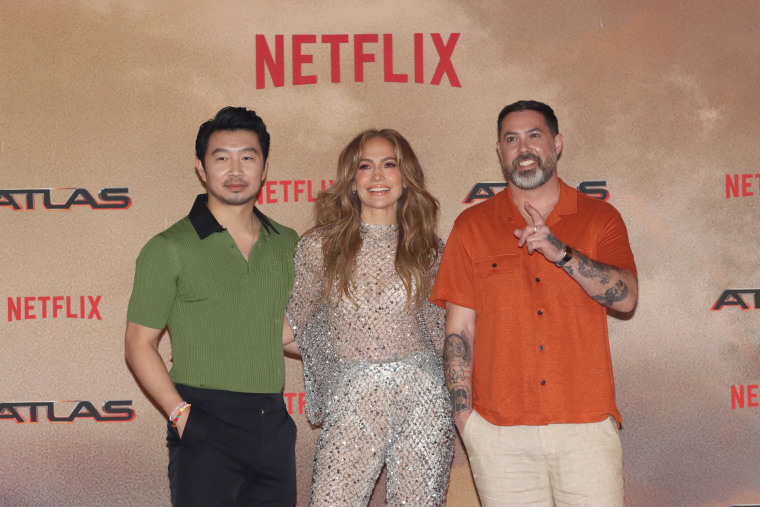 Simu Liu, Jennifer Lopez and Brad Peyton during a photocall at Hotel St. Regis on May 22, 2024 in Mexico City.