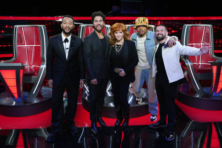 John Legend, Dan Smyers of Dan + Shay, Reba McEntire, Chance The Rapper, Shay Mooney of Dan + Shay on "The Voice" Season 25 finale.