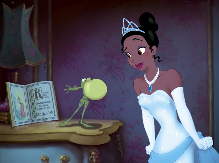 Princess Tiana with frog Prince Naveen in a scene from "The Princess and the Frog."