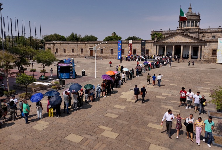 People line up to vote in the general election at the Cabañas Cultural Center in Guadalajara, Jalisco state, Mexico, on June 2, 2024.