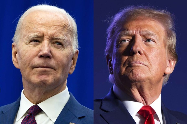 A split composite image of Joe Biden, left, and Donald Trump