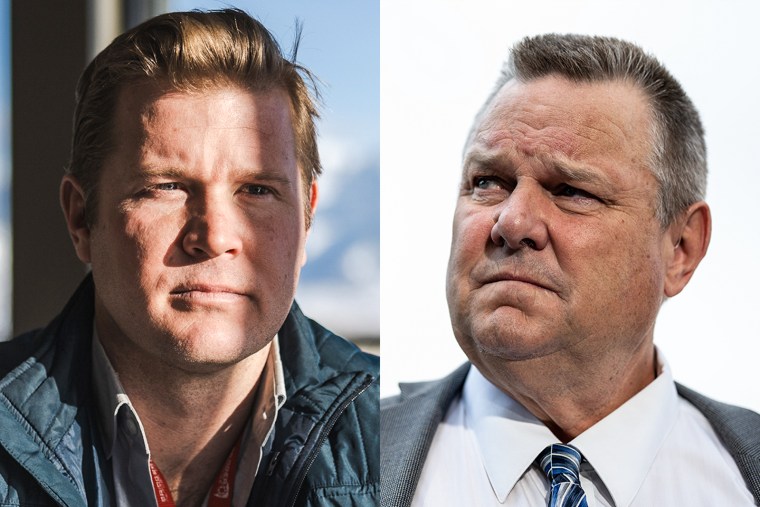 A side by side split image of Jon Tester and Tim Sheehy