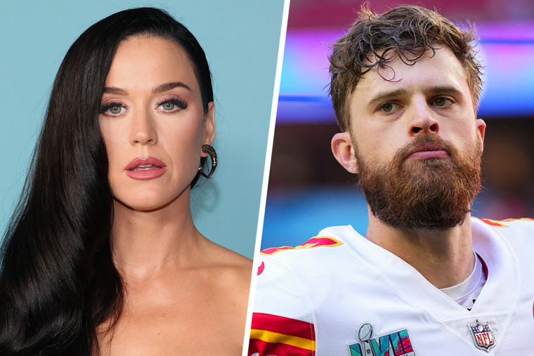 A split side by side image of Katy Perry and Harrison Butker