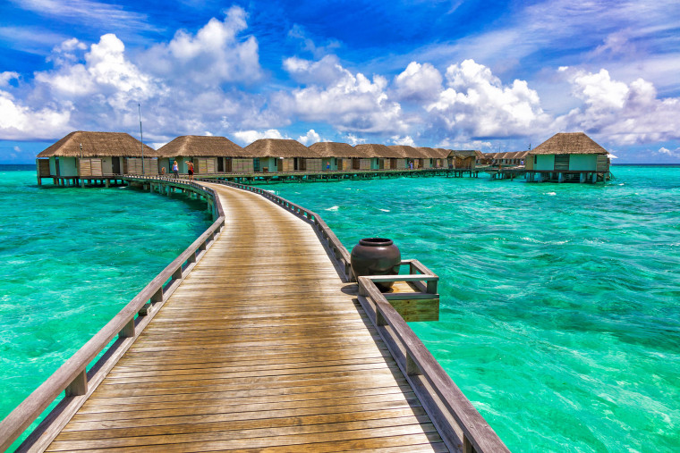 A little island resort in the South Male Atoll with exotic beaches, over water villas, clear and turquoise water.