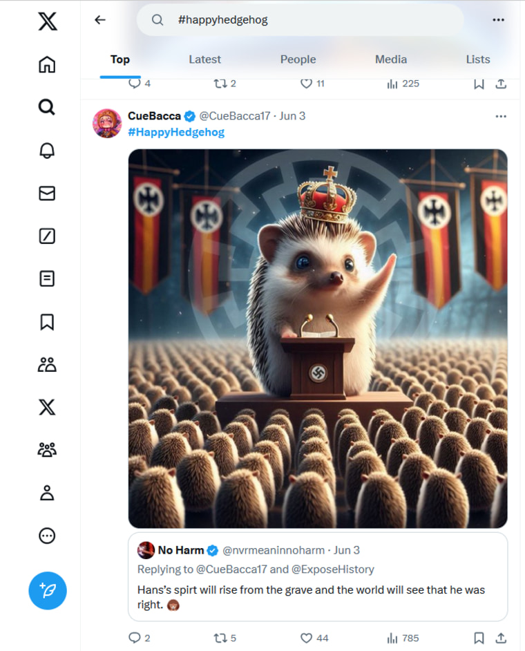 Accounts posting images of hedgehogs in paramilitary and Nazi outfits holding firearms and giving Nazi salutes.