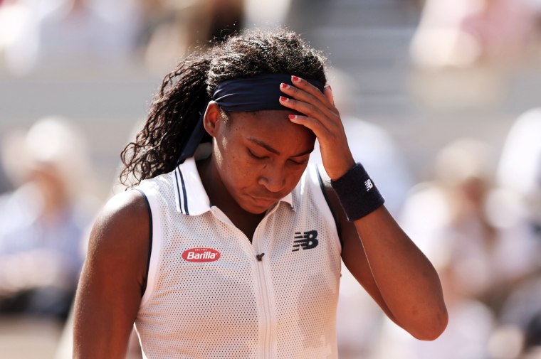 Coco Gauff  reacts during the  at the French Open's Women's Singles Semi-Final match against Iga Swiatek at Roland Garros in Paris.