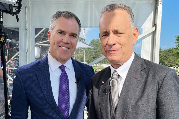 Tom Hanks talks to NBC’s Peter Alexander during D-Day commemorations in Normandy, France on June 6, 2024.