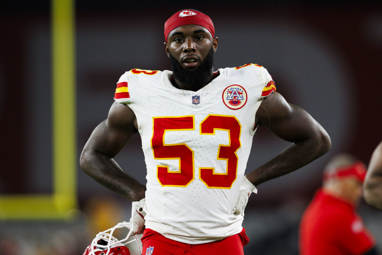 BJ Thompson #53 of the Kansas City Chiefs walks off the field during a game against the Arizona Cardinals at State Farm Stadium on Aug. 19, 2023 in Glendale, Ariz. 