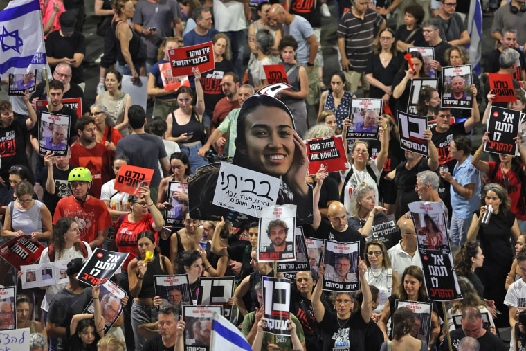Relatives and supporters of Israeli hostages call for their release in Tel Aviv on June 8, 2024.