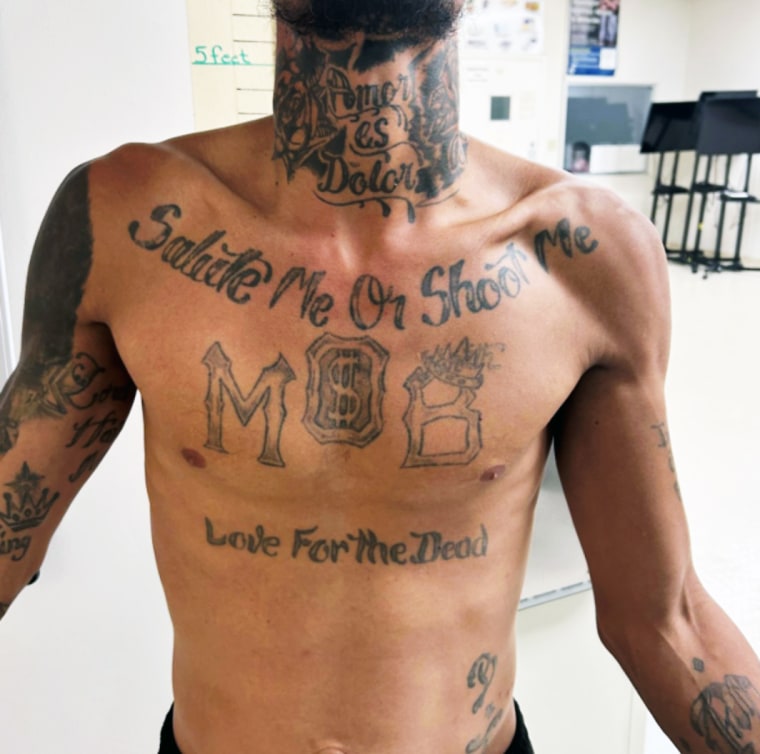 Tren de Aragua tattoos on a man arrested by the Border Patrol. Sometimes law enforcement has little clue to a suspect's true identity except for gang tattoos. 