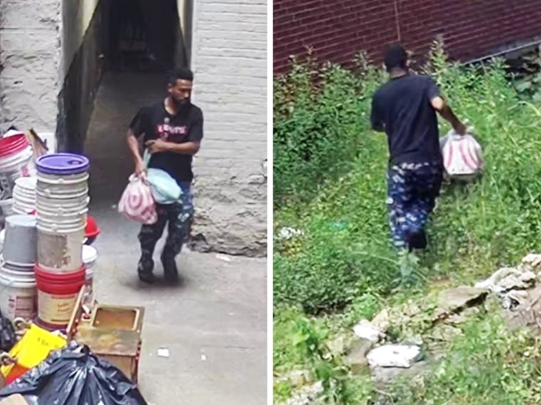 A side by side of Garcia exiting the daycare out a back alley carrying what appears to be two shopping bags weighted with contents before traversing through overgrown grass and bushes to exit the area.