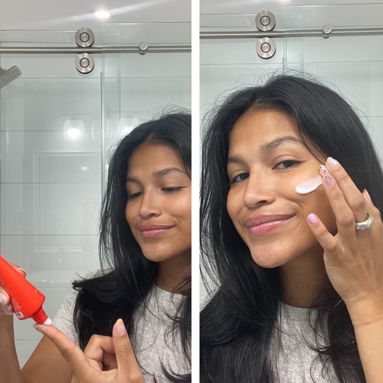 Alvarez squeezes out the Tower 28 SOS Daily Barrier Recovery Cream. In the picture on the right, Alvarez applies the moisturizer to her face.