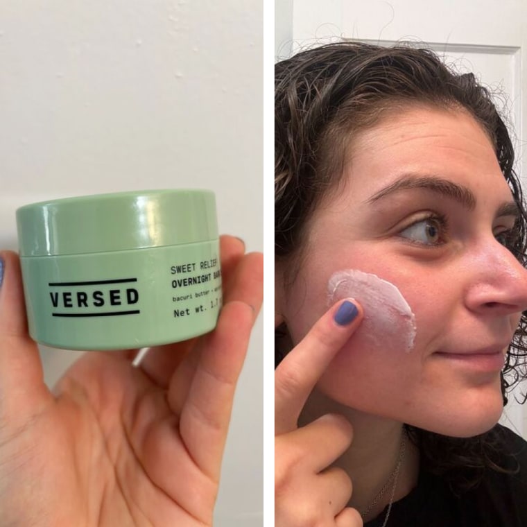 In the left picture, Malin holds the tub of balm in her hand. On the right, Malin applies the thick balm on her right cheek.