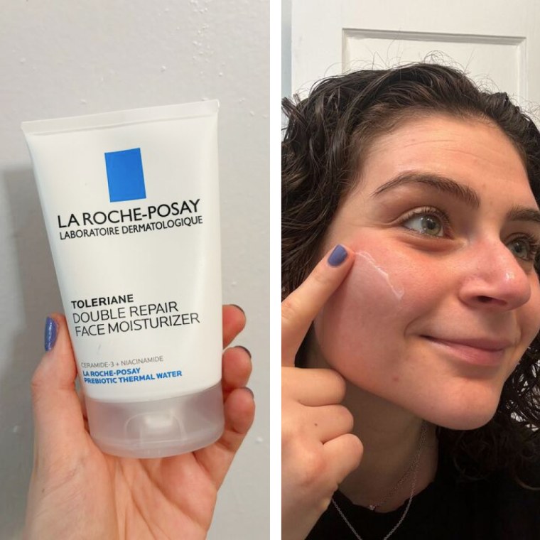 NBC Select associate updates editor Zoe Malin holds and applies the thin and white La Roche Posay Toleriane Double Repair Face Moisturizer to her face.