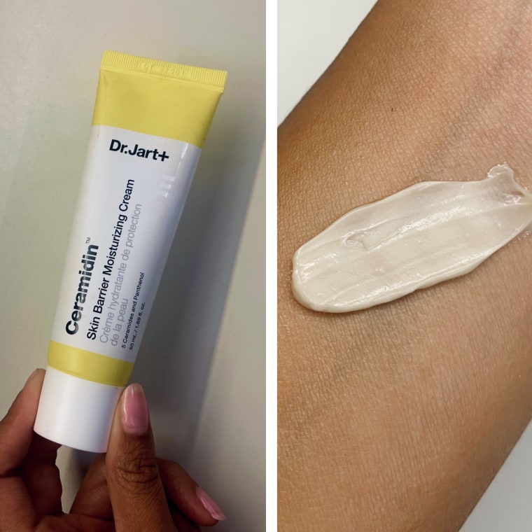 NBC Select associate reporter Bianca Alvarez swatches the peach-tinted cream on her hand to show the thick and rich consistency of the moisturizer.