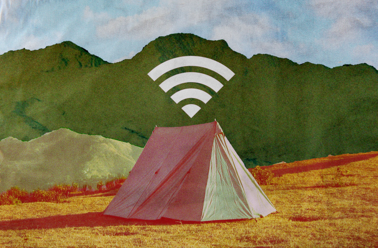 Photo Illustration: A tent in the wilderness with a WiFi signal floating above it