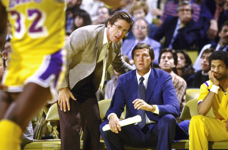 Los Angeles Lakers assistant coach Pat Riley and Los Angeles Lakers head coach Jerry West