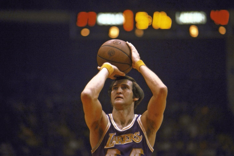 Jerry West of the Los Angeles Lakers takes a foul shot in 1973.