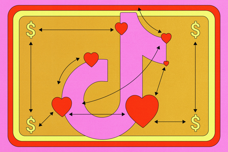 Illustration of the TikTok logo with dollar signs and hearts surrounding it