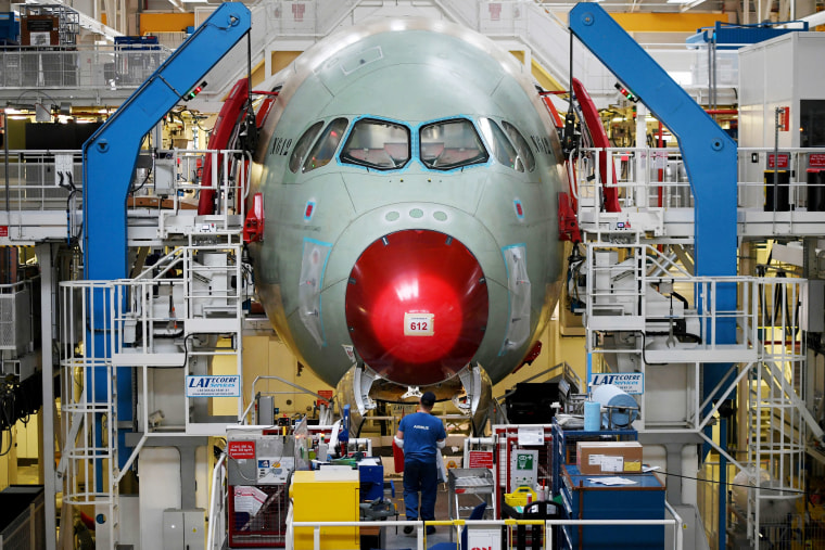 A plane under construction at an Airbus assembly site