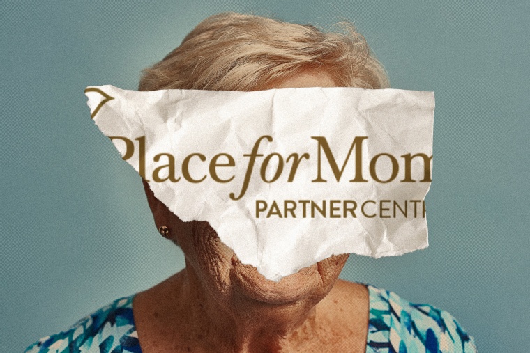 Photo collage of anonymous elderly woman and scrap of paper that reads "Place for Mom" 