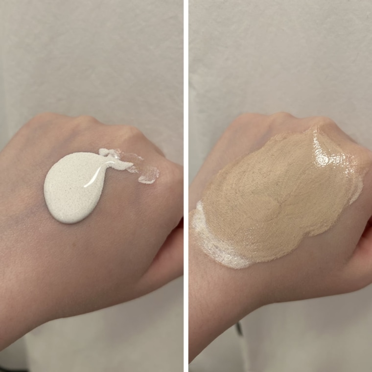 Colorescience’s Sunforgettable Total Protection Face Shield Flex SPF 50 comes out white (left), but it adjusts to your skin tone as it’s rubbed in (right).