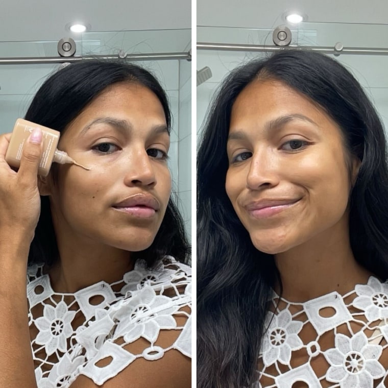 A woman before (left) and after (right) using the Supergoop Protec(tint) Daily SPF Tint SPF 50 in shade 30W.