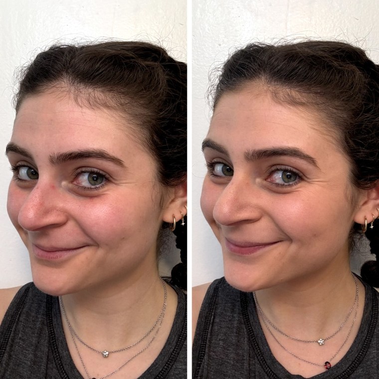 A woman before (left) and after (right) applying the Younique Bare You BB Tinted Moisturizer and Sunscreen SPF 30 in shade light.
