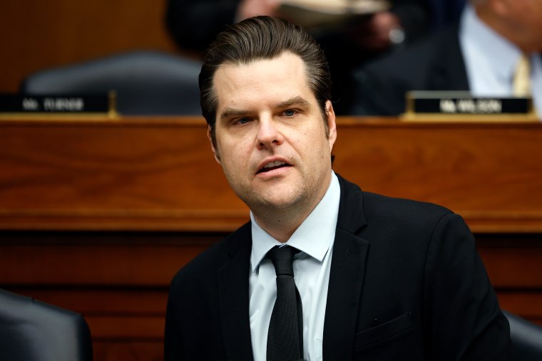 Matt Gaetz, R-Fla., listens to testimony on Capitol Hill