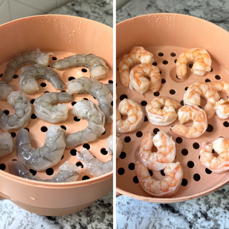 Uncooked shrimp (left) and cooked shrimp (right) in the steamer basket that comes with Our Place’s Perfect Power Pot.