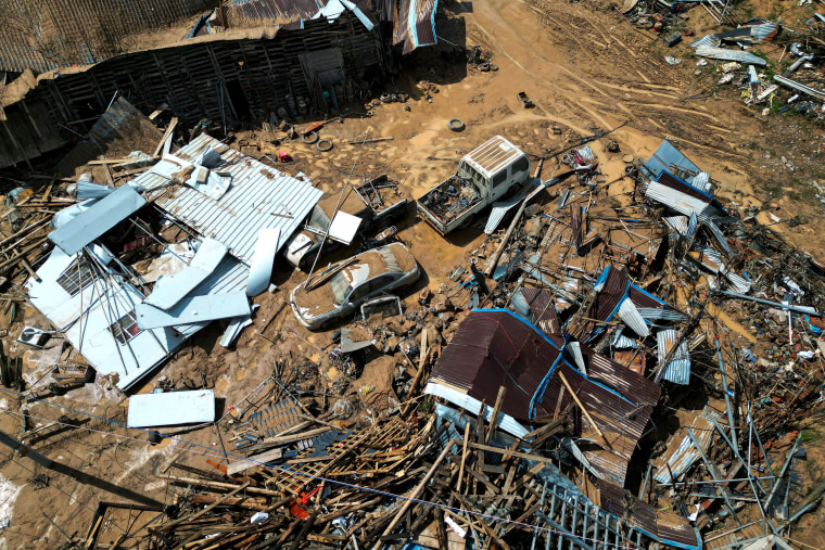 Aerial photo shows collapsed buildings in the aftermath of flooding in Meizhou, China