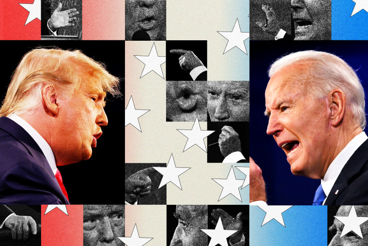 Trump and Biden facing towards each other with stars and other small photographs surrounding them.