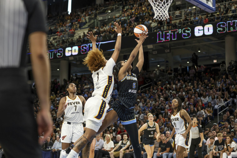 Angel Reese of the Chicago Sky shoots against the Indiana Fever on Sunday.