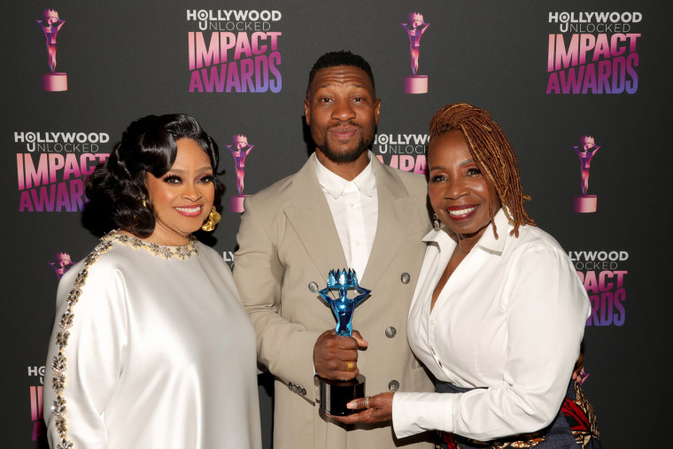 From left, Karen Clark Sheard, Jonathan Majors and Iyanla Vanzant at the Hollywood Unlocked Impact Awards in Beverly Hills, Calif.