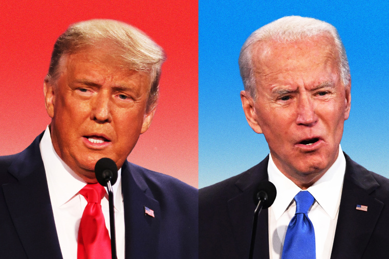 Trump and Biden split in front of red and blue gradients.