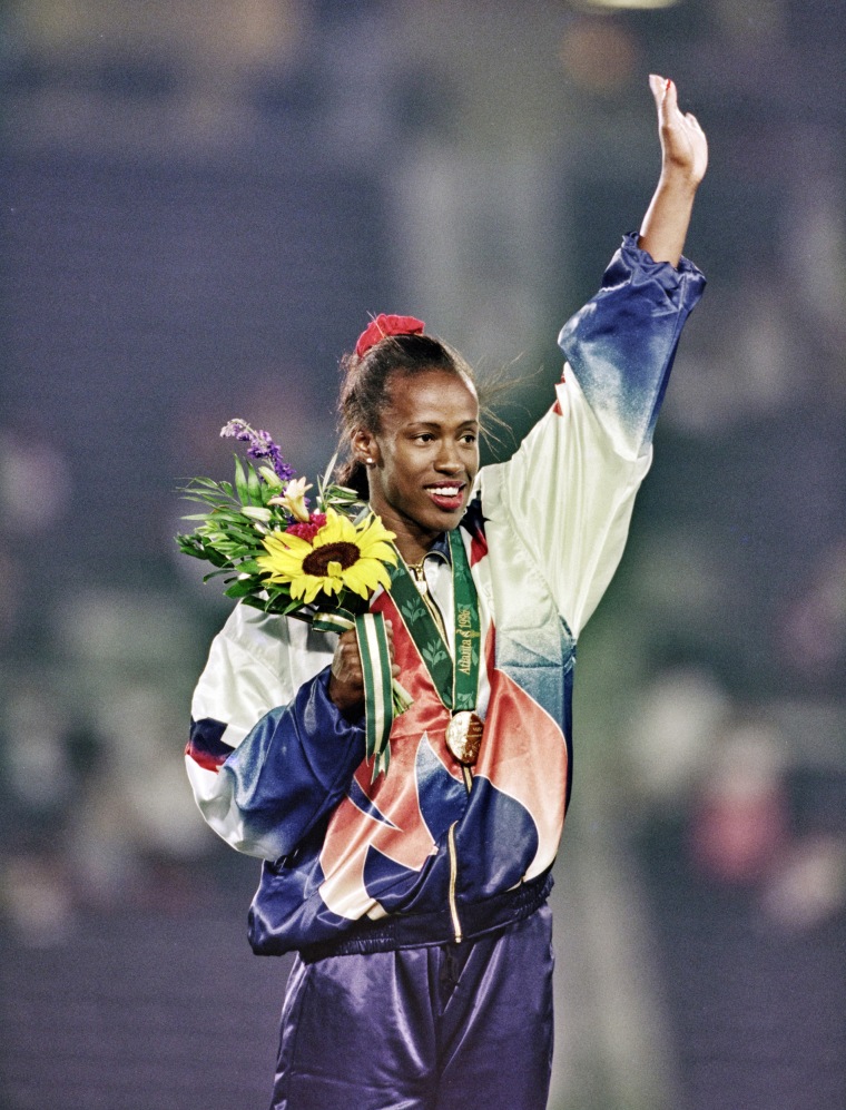 Jackie Joyner-Kersee on the podium following the Women's Long Jump competition