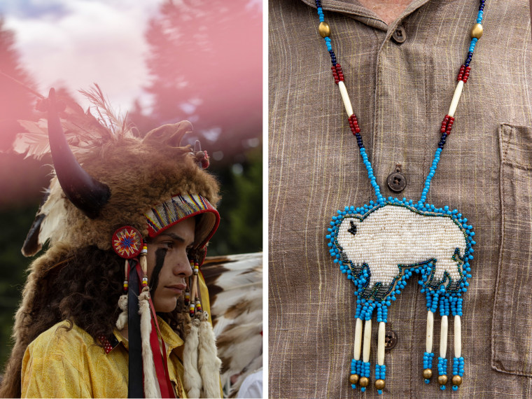 Side by side of Ota Bluehorse  and   a detail shot of a beaded white buffalo