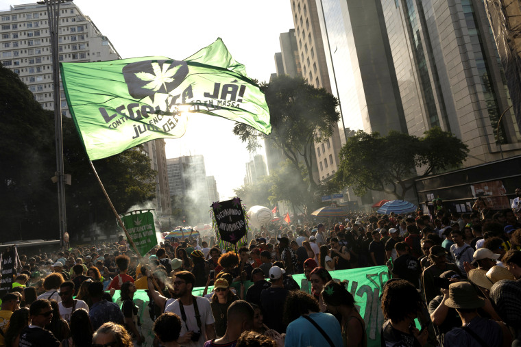 Crowds of people take part in a large march demanding the legalization of cannabis in Sao Paulo