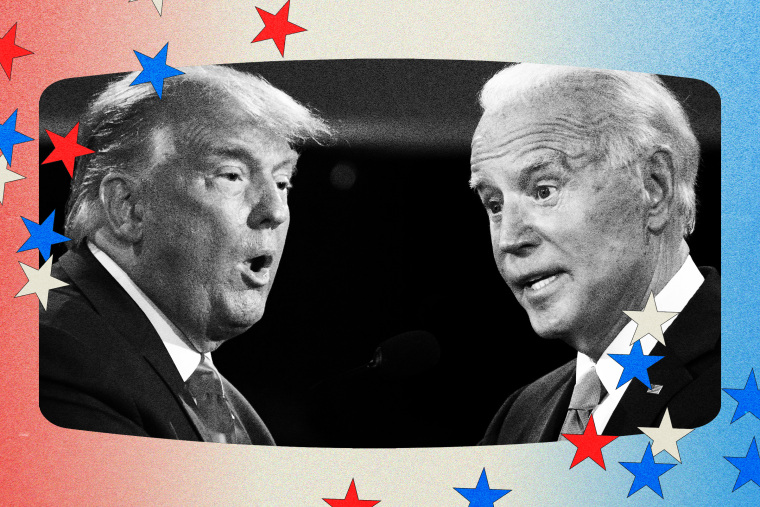 Trump and Biden in black and white with a red and blue gradient in the background.