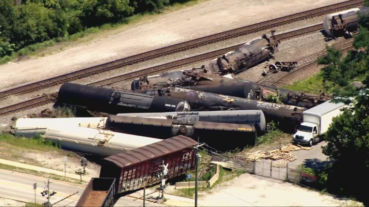 A freight train derailment in Matteson, Ill., on Thursday morning, June 27, 2024.
