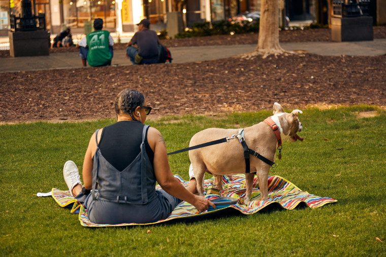 A woman with her dog in a park in Atlanta, on June 26, 2024.