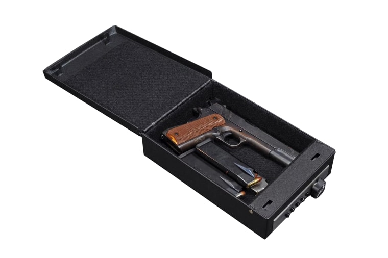 A box with a lock for a firearm.